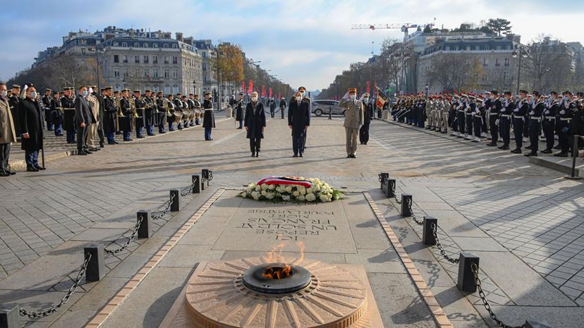 President Lays Wreath at Tomb of Unknown Soldier at Arc de Triomphe in Paris