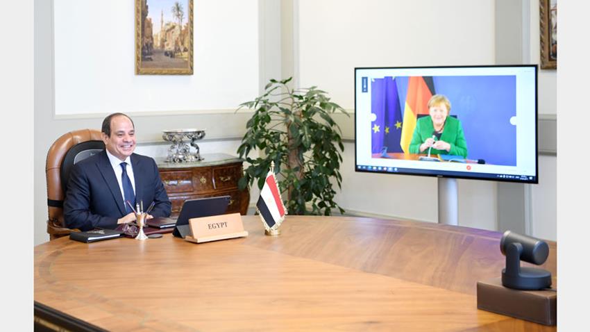 الرئيس عبد الفتاح السيسي يتلقى اتصالًا هاتفيًا عبر تقنية الفيديو كونفرانس من المستشارة الألمانية 26/5/2021