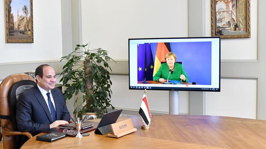الرئيس عبد الفتاح السيسي يتلقى اتصالًا هاتفيًا عبر تقنية الفيديو كونفرانس من المستشارة الألمانية 26/5/2021